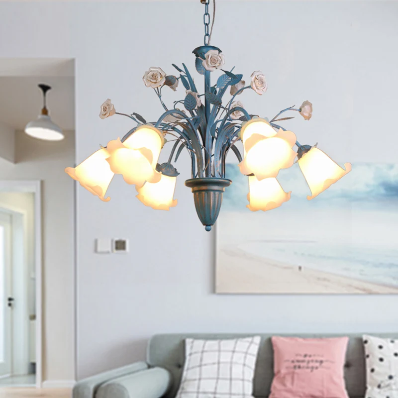 Gebogen arm opaal glazen kroonluchter pastorale 3/5/6 lampen woonkamer bloem hanger verlichtingsarmatuur blauw Clearhalo