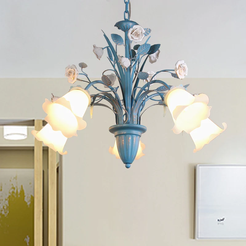 Gebogen arm opaal glazen kroonluchter pastorale 3/5/6 lampen woonkamer bloem hanger verlichtingsarmatuur blauw Clearhalo