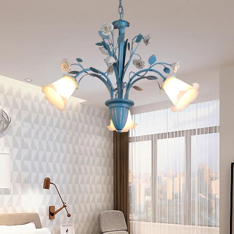 Gebogen arm opaal glazen kroonluchter pastorale 3/5/6 lampen woonkamer bloem hanger verlichtingsarmatuur blauw Clearhalo