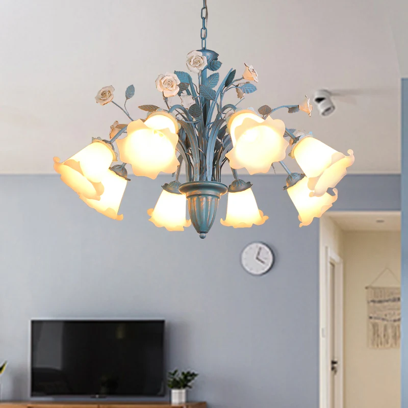 Gebogen arm opaal glazen kroonluchter pastorale 3/5/6 lampen woonkamer bloem hanger verlichtingsarmatuur blauw Clearhalo