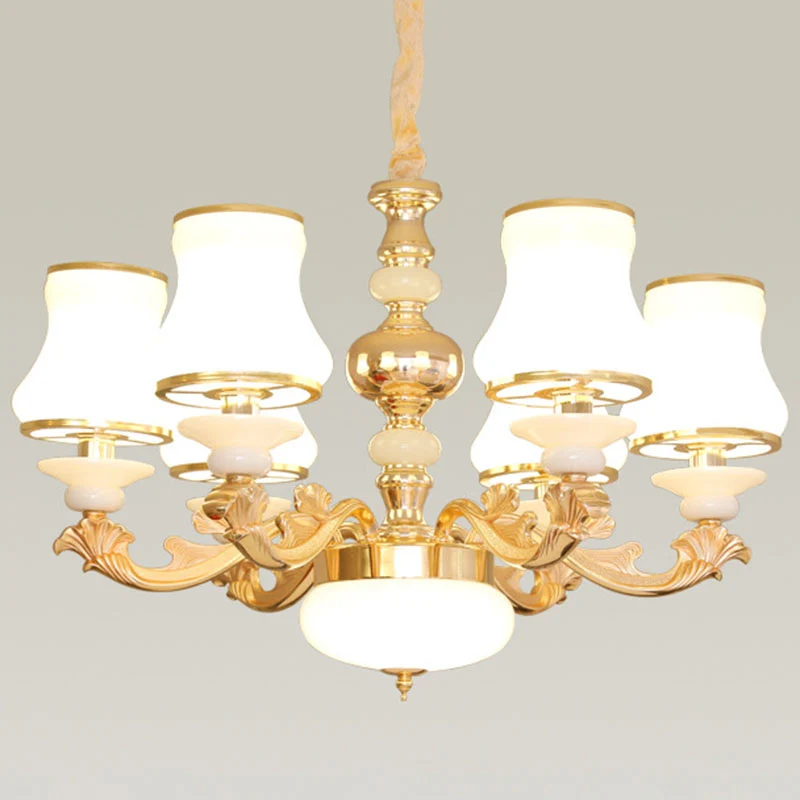 Gebogen arm woonkamer hanglamp metaal moderne kroonluchter licht met urn opaal glazen kap Clearhalo