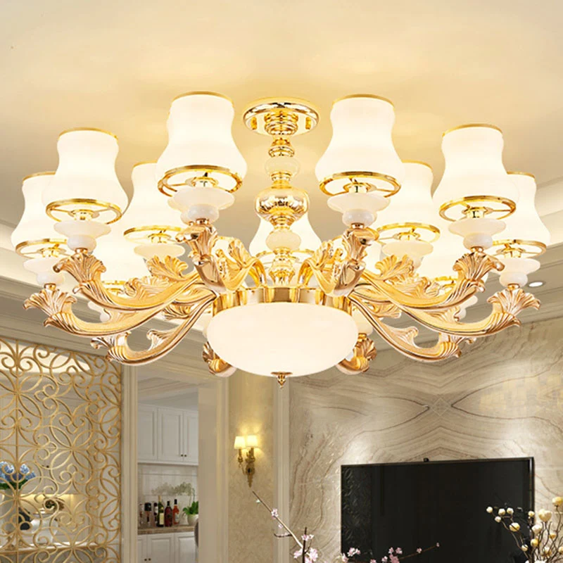 Gebogen arm woonkamer hanglamp metaal moderne kroonluchter licht met urn opaal glazen kap Clearhalo