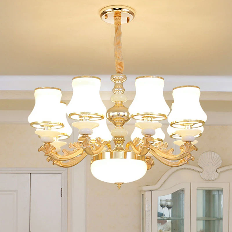 Gebogen arm woonkamer hanglamp metaal moderne kroonluchter licht met urn opaal glazen kap Clearhalo