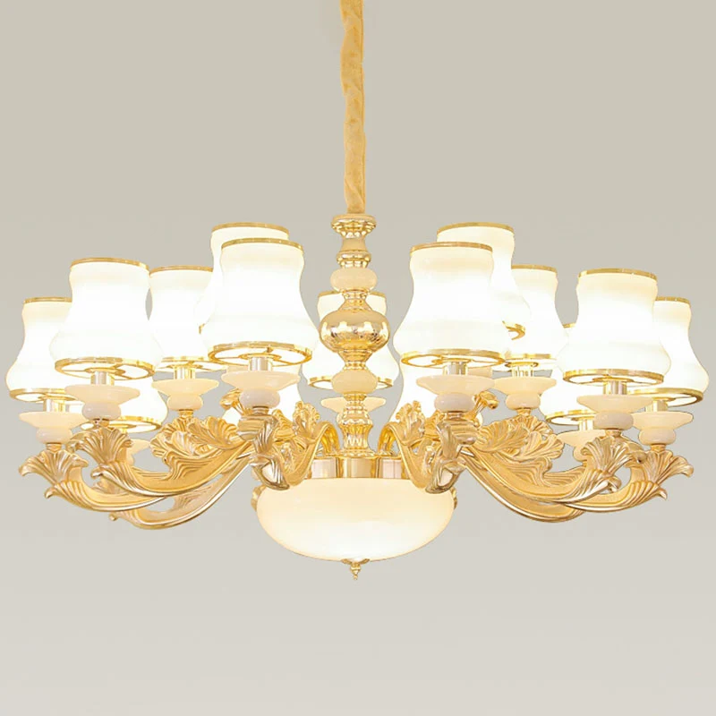 Gebogen arm woonkamer hanglamp metaal moderne kroonluchter licht met urn opaal glazen kap Clearhalo