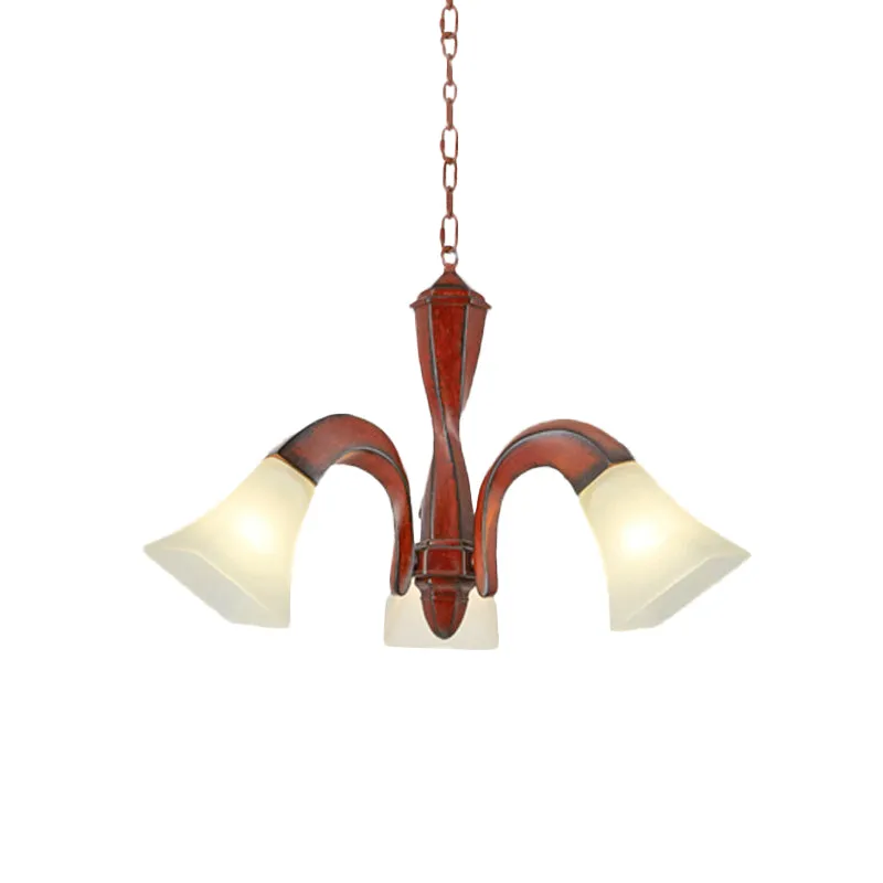 Gebogen eetkamer hanglamp Traditionele houten 3-lichtbruine kroonluchter met vierkante flare melkglazen lampenkap Clearhalo