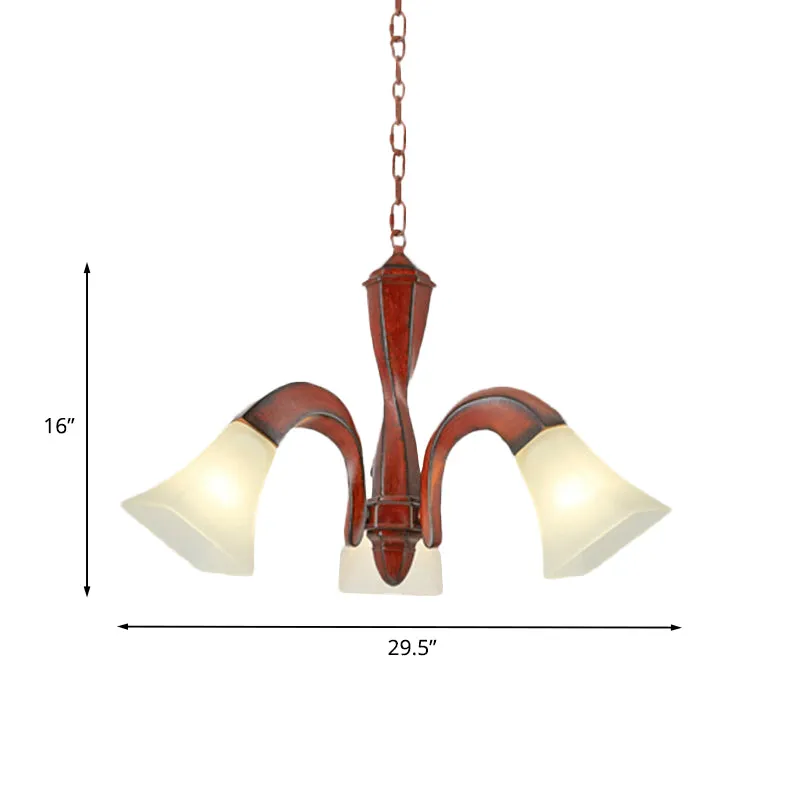 Gebogen eetkamer hanglamp Traditionele houten 3-lichtbruine kroonluchter met vierkante flare melkglazen lampenkap Clearhalo