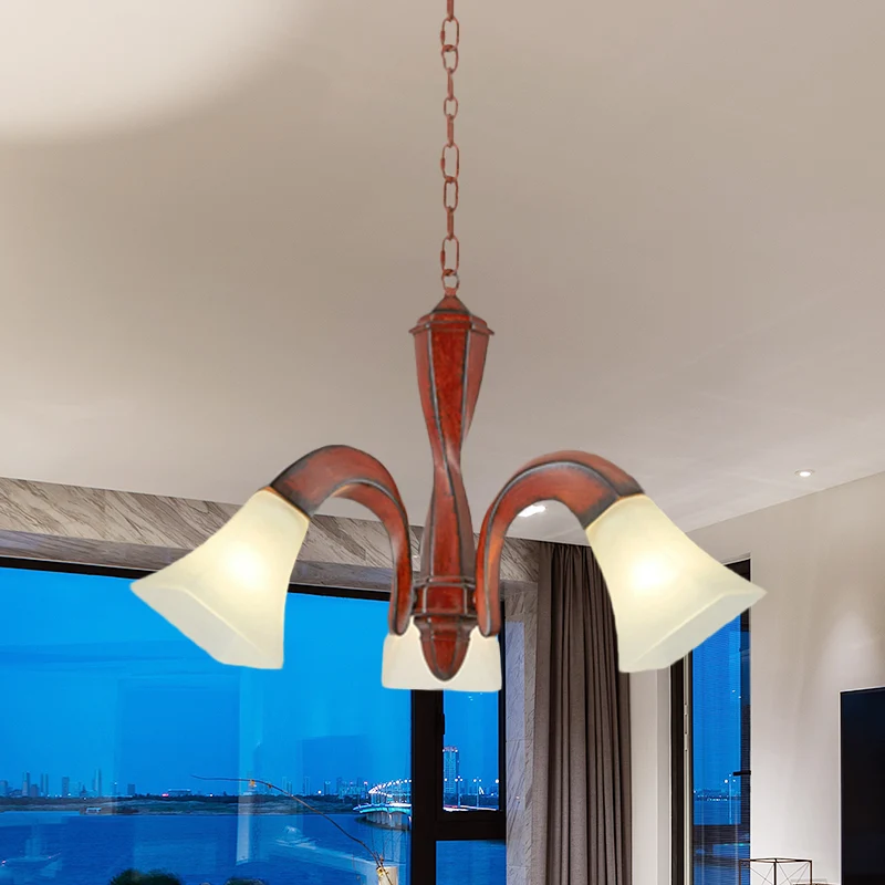 Gebogen eetkamer hanglamp Traditionele houten 3-lichtbruine kroonluchter met vierkante flare melkglazen lampenkap Clearhalo