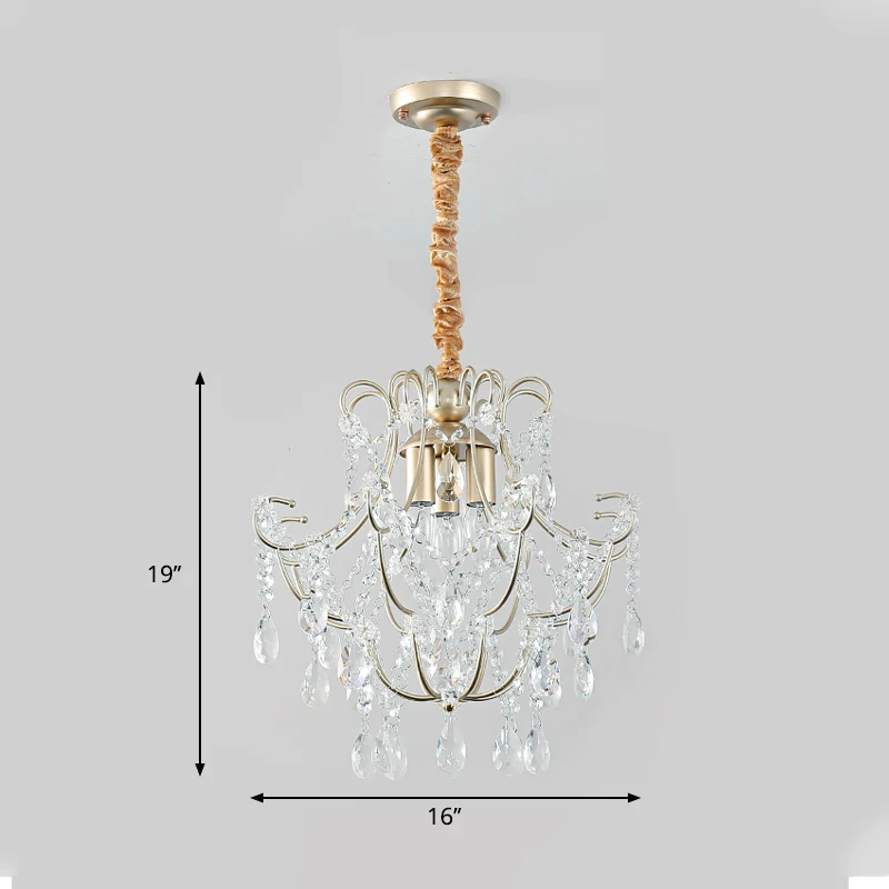 Gebogen gewapende metalen hangende kroonluchter Transitionele 3-lichts gouden plafondlamp met kristallen drapering Clearhalo