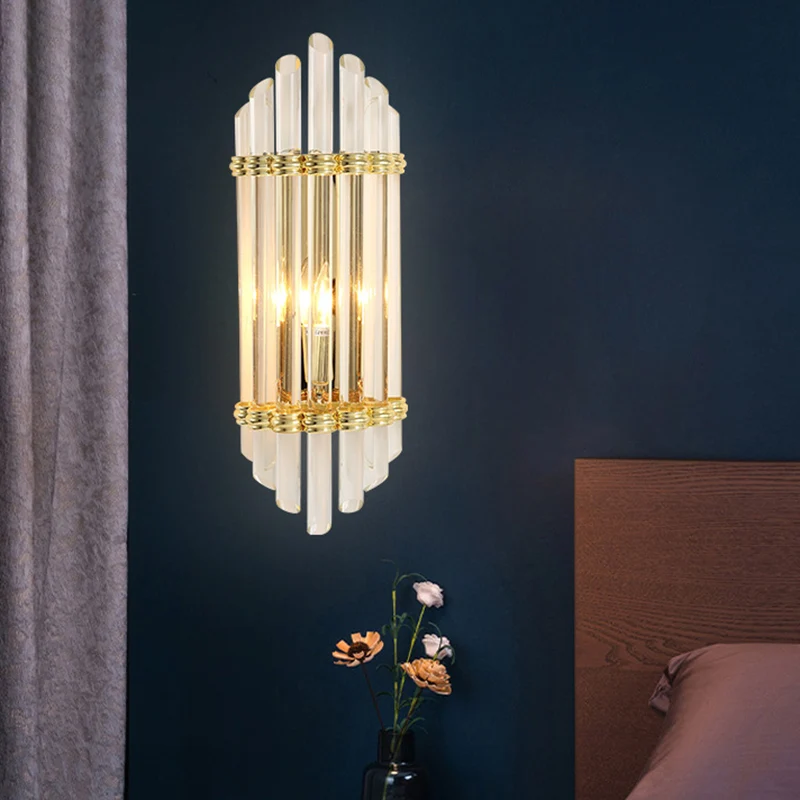 Gebogen kristallen buis wandmontage verlichting modernistische 2-lichts gouden wandkandelaar lamparmatuur Clearhalo