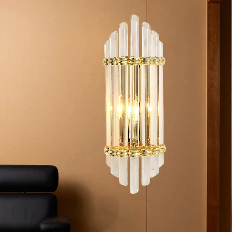 Gebogen kristallen buis wandmontage verlichting modernistische 2-lichts gouden wandkandelaar lamparmatuur Clearhalo