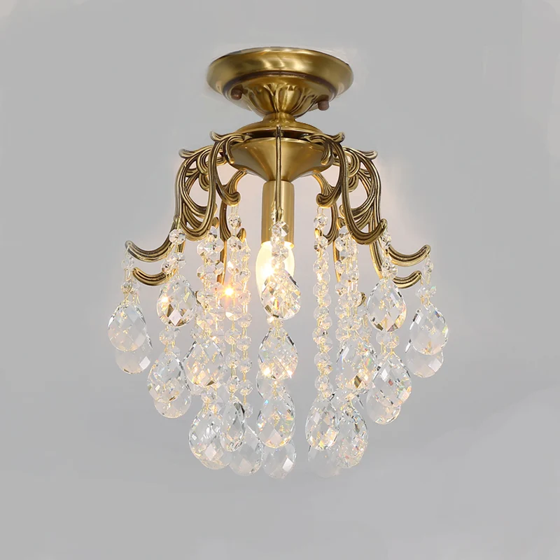 Gebogen semi-inbouwlamp Traditioneel 1-lichts metalen inbouwplafondarmatuur met helder/cognac kristallen druppel Clearhalo
