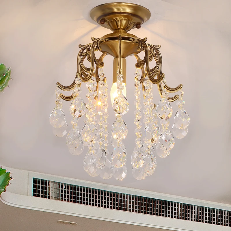 Gebogen semi-inbouwlamp Traditioneel 1-lichts metalen inbouwplafondarmatuur met helder/cognac kristallen druppel Clearhalo