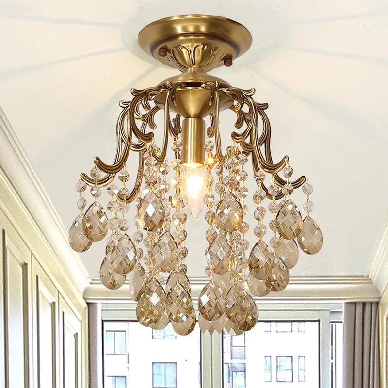 Gebogen semi-inbouwlamp Traditioneel 1-lichts metalen inbouwplafondarmatuur met helder/cognac kristallen druppel Clearhalo