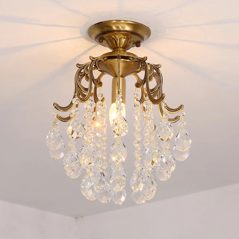 Gebogen semi-inbouwlamp Traditioneel 1-lichts metalen inbouwplafondarmatuur met helder/cognac kristallen druppel Clearhalo
