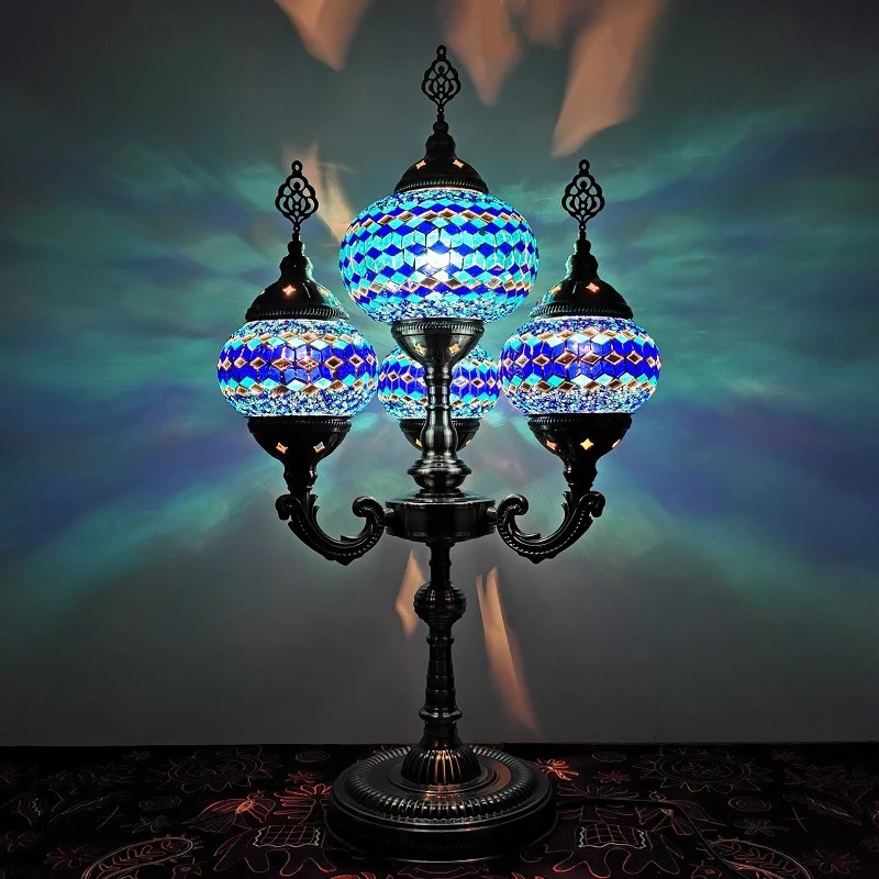 Gebrandschilderd glas kandelaar taaklamp traditionele 4-lichts nachtkastje lamp geel/oranje/blauw Clearhalo