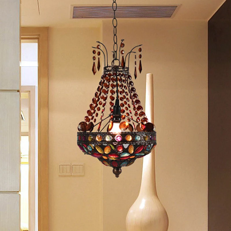 Gebrandschilderd glas kralen Teardrop hanger Boheemse 1 kop eetkamer hangende plafondlamp koper Clearhalo