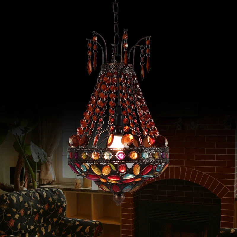 Gebrandschilderd glas kralen Teardrop hanger Boheemse 1 kop eetkamer hangende plafondlamp koper Clearhalo