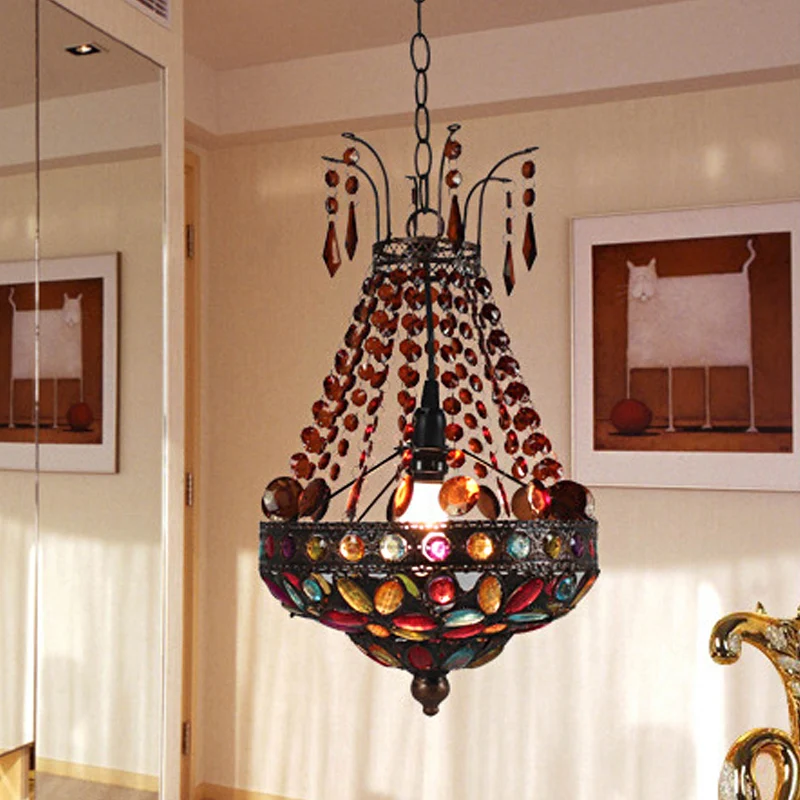 Gebrandschilderd glas kralen Teardrop hanger Boheemse 1 kop eetkamer hangende plafondlamp koper Clearhalo