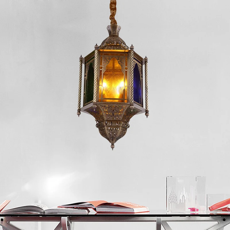 Gebrandschilderd glas messing kroonluchter lamp lantaarn 3-koppige plafond hanglamp voor restaurant Clearhalo