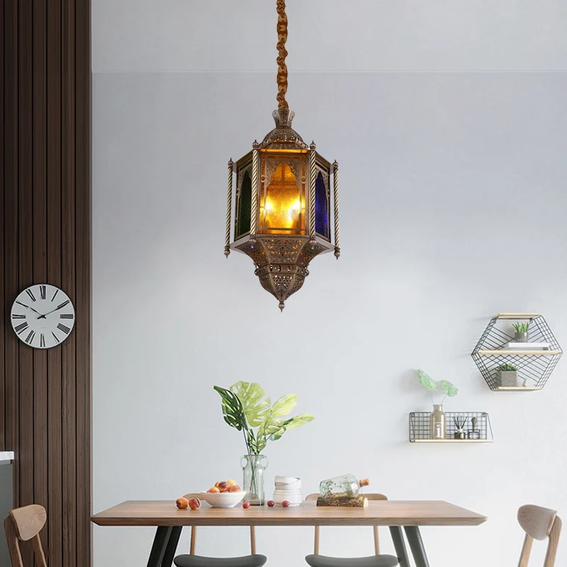 Gebrandschilderd glas messing kroonluchter lamp lantaarn 3-koppige plafond hanglamp voor restaurant Clearhalo