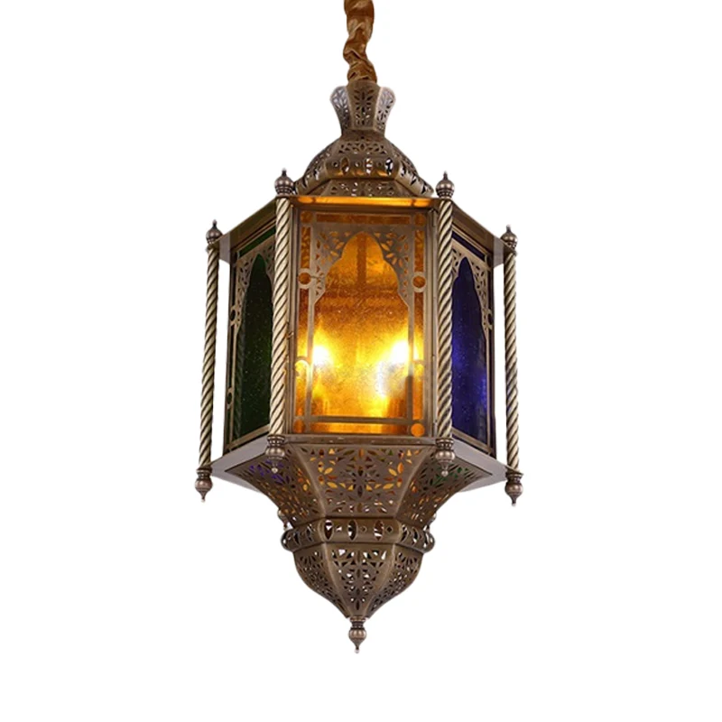 Gebrandschilderd glas messing kroonluchter lamp lantaarn 3-koppige plafond hanglamp voor restaurant Clearhalo