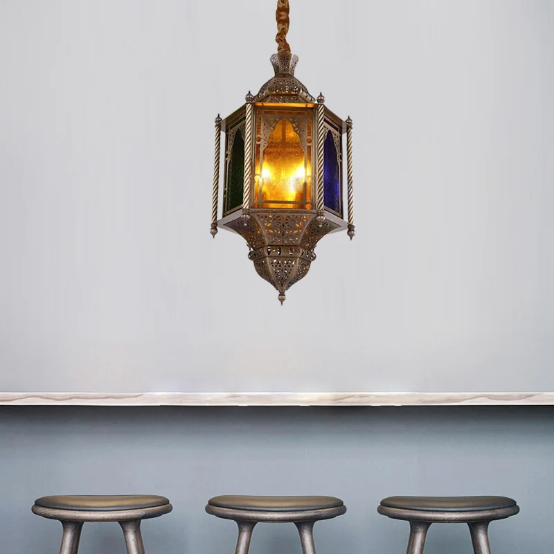 Gebrandschilderd glas messing kroonluchter lamp lantaarn 3-koppige plafond hanglamp voor restaurant Clearhalo