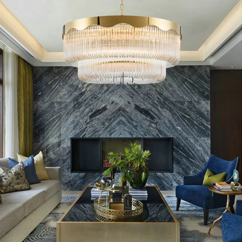 Gecanneleerd kristal 2 lagen hangende hanglamp postmodern 8 hoofden woonkamer kroonluchter verlichting goud Clearhalo
