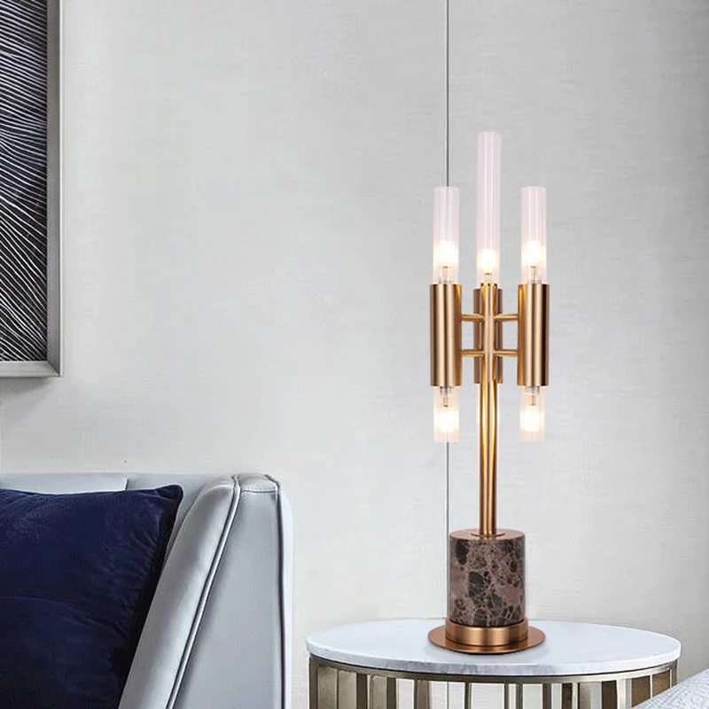 Gecanneleerde glazen drietand LED-tafellamp Mid-Century Hotel-nachtkastjelamp met cilindervoet goud Clearhalo