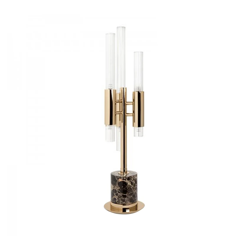 Gecanneleerde glazen drietand LED-tafellamp Mid-Century Hotel-nachtkastjelamp met cilindervoet goud Clearhalo