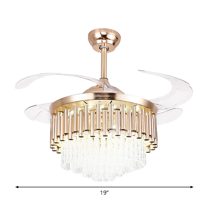 Gefacetteerde kristallen kom semi-inbouw plafondlamp Moderne 19-inch brede LED-hangende ventilatorlamp, 4 bladen Clearhalo
