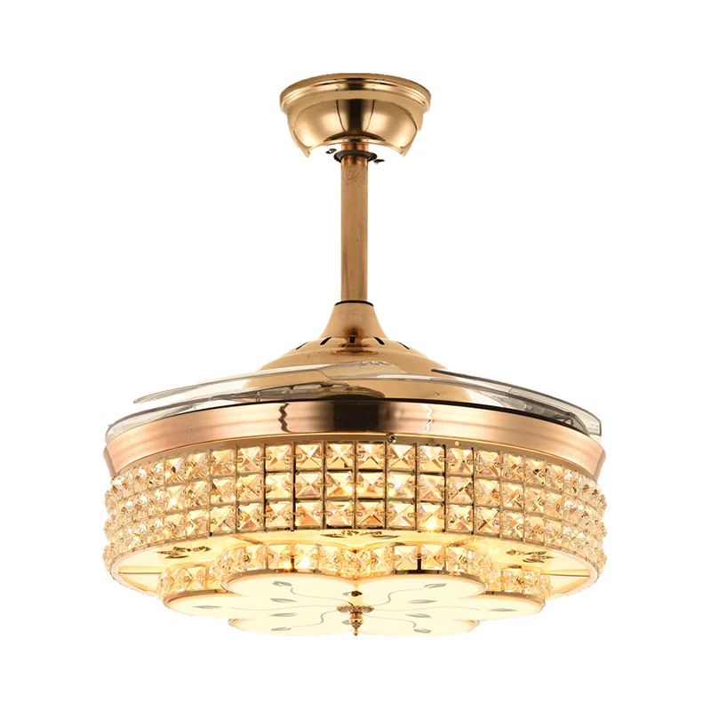 Gefacetteerde kristallen kom semi-inbouw plafondlamp Moderne 19-inch brede LED-hangende ventilatorlamp, 4 bladen Clearhalo