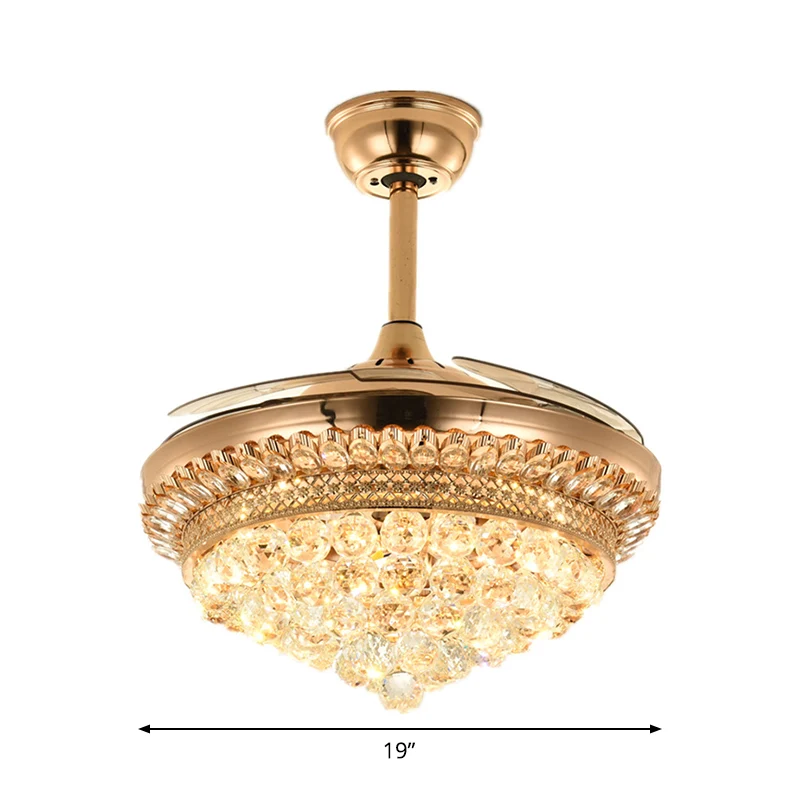 Gefacetteerde kristallen kom semi-inbouw plafondlamp Moderne 19-inch brede LED-hangende ventilatorlamp, 4 bladen Clearhalo