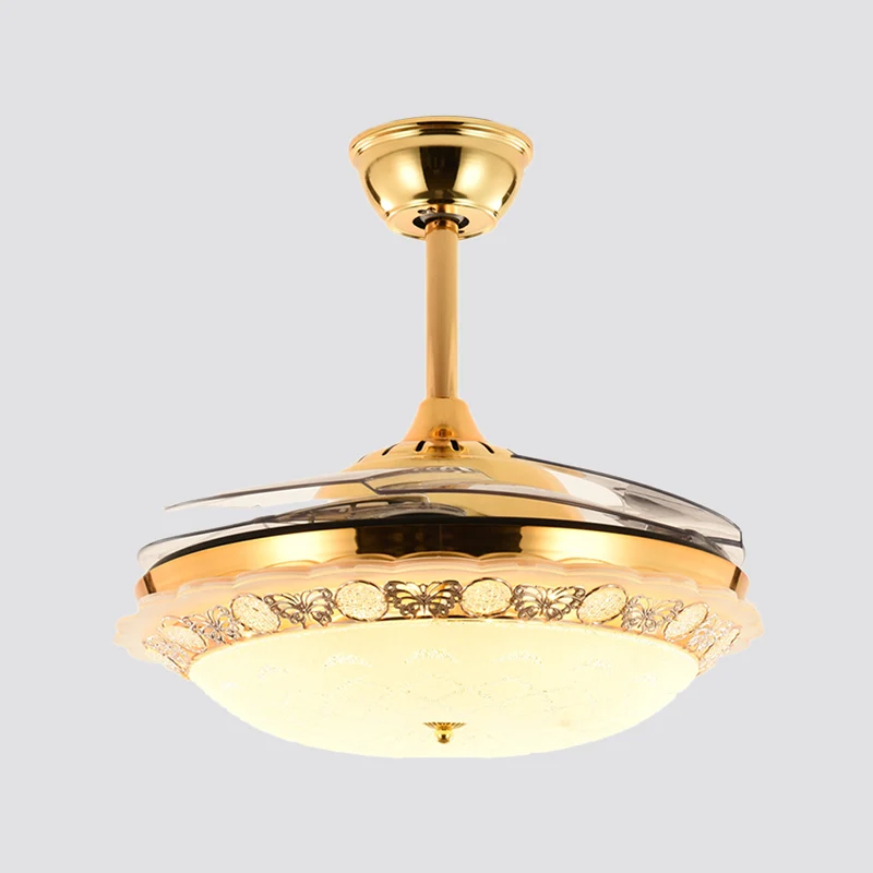 Gefacetteerde kristallen kom semi-inbouw plafondlamp Moderne 19-inch brede LED-hangende ventilatorlamp, 4 bladen Clearhalo