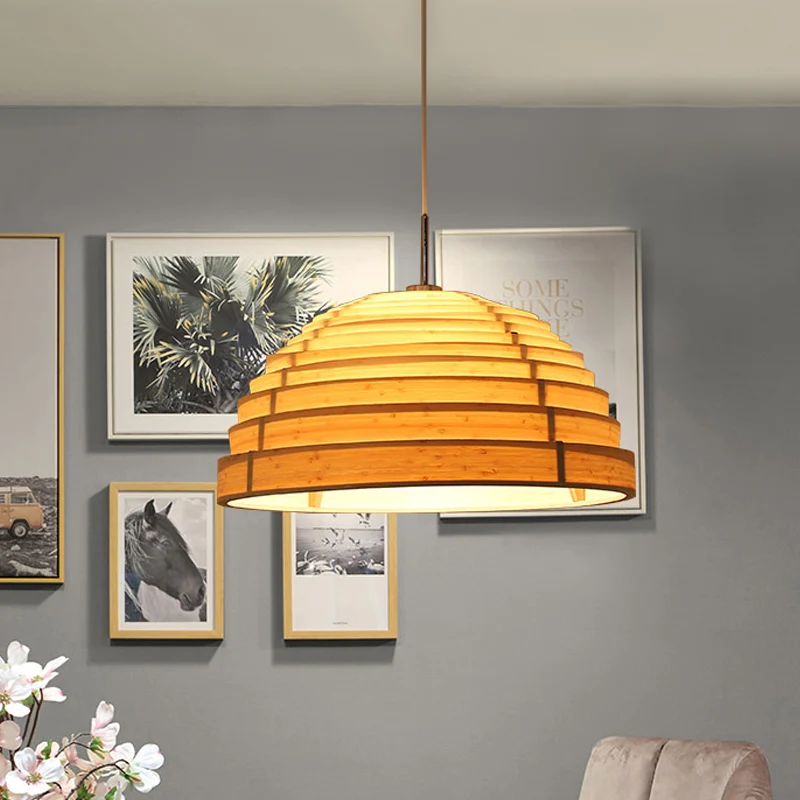 Gegolfde halfronde hanglamp Minimalistisch hout Enkele woonkamer plafondhanger beige Clearhalo