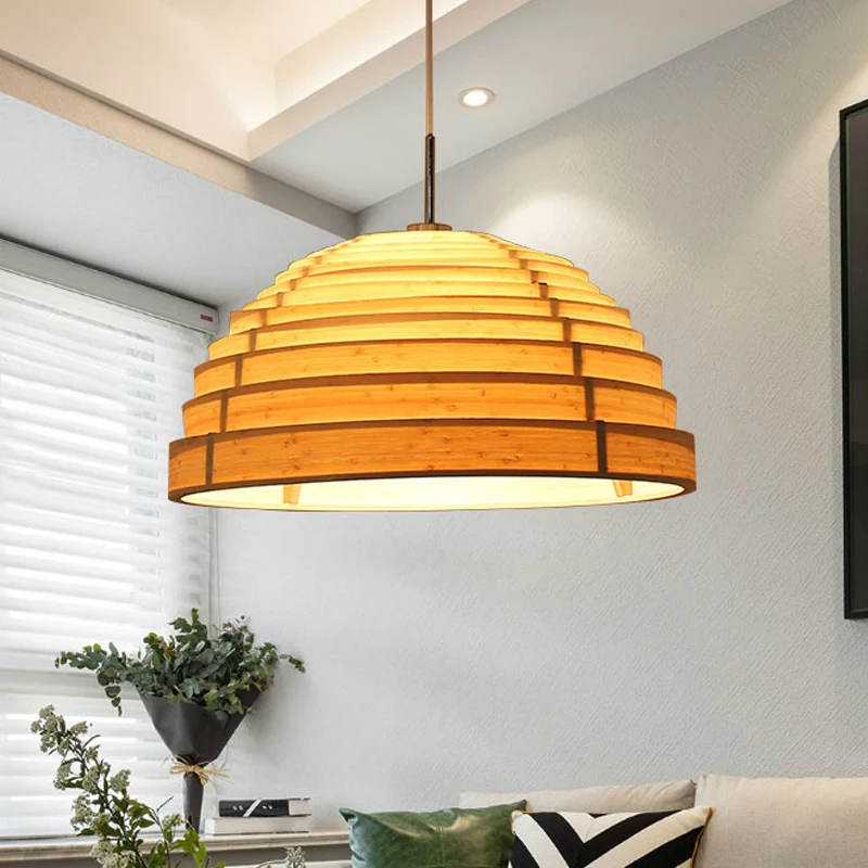Gegolfde halfronde hanglamp Minimalistisch hout Enkele woonkamer plafondhanger beige Clearhalo