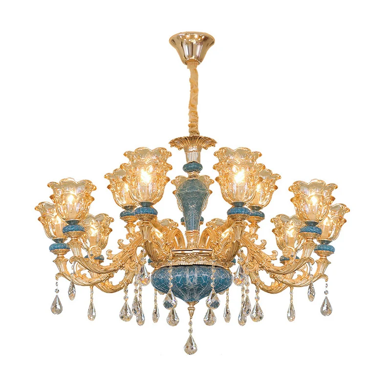 Gegolfde rand woonkamer kroonluchter licht retro handgeblazen glas gouden hanglamp met kristallen drapering Clearhalo