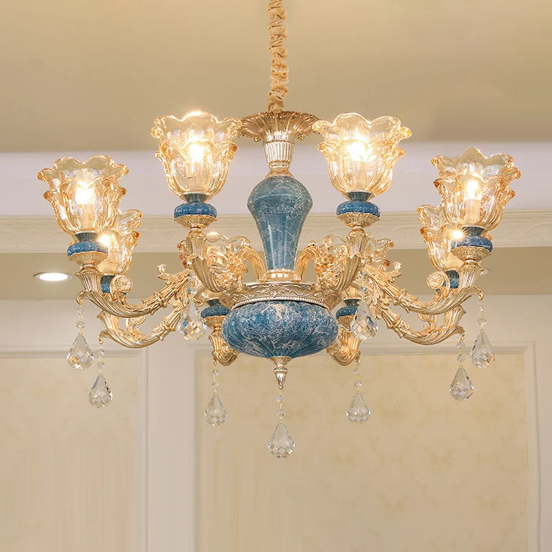 Gegolfde rand woonkamer kroonluchter licht retro handgeblazen glas gouden hanglamp met kristallen drapering Clearhalo
