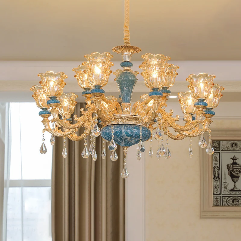 Gegolfde rand woonkamer kroonluchter licht retro handgeblazen glas gouden hanglamp met kristallen drapering Clearhalo