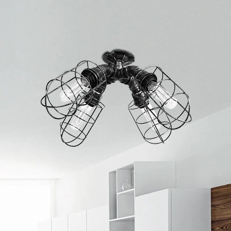 Gekooide slaapkamer halfverzonken plafondarmatuur Rustiek industrieel ijzer 4 lampen Brons/verouderd zilveren plafondlamp...