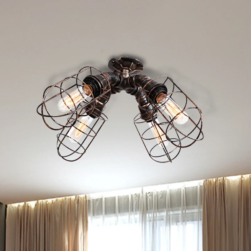 Gekooide slaapkamer halfverzonken plafondarmatuur Rustiek industrieel ijzer 4 lampen Brons/verouderd zilveren plafondlamp...