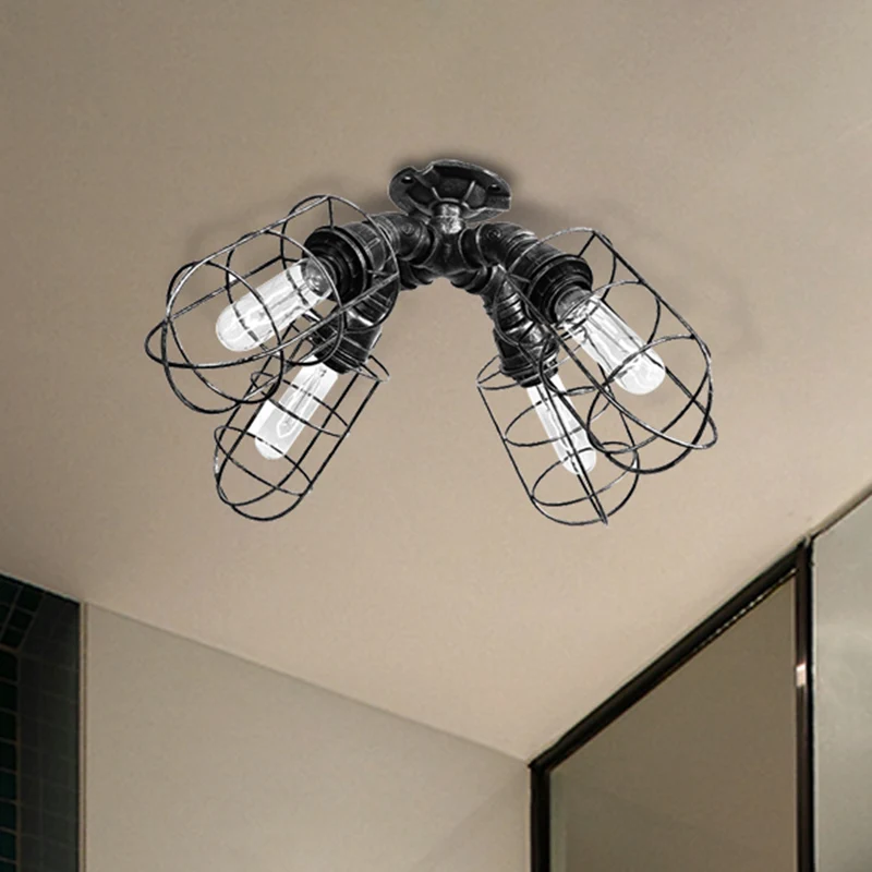 Gekooide slaapkamer halfverzonken plafondarmatuur Rustiek industrieel ijzer 4 lampen Brons/verouderd zilveren plafondlamp...