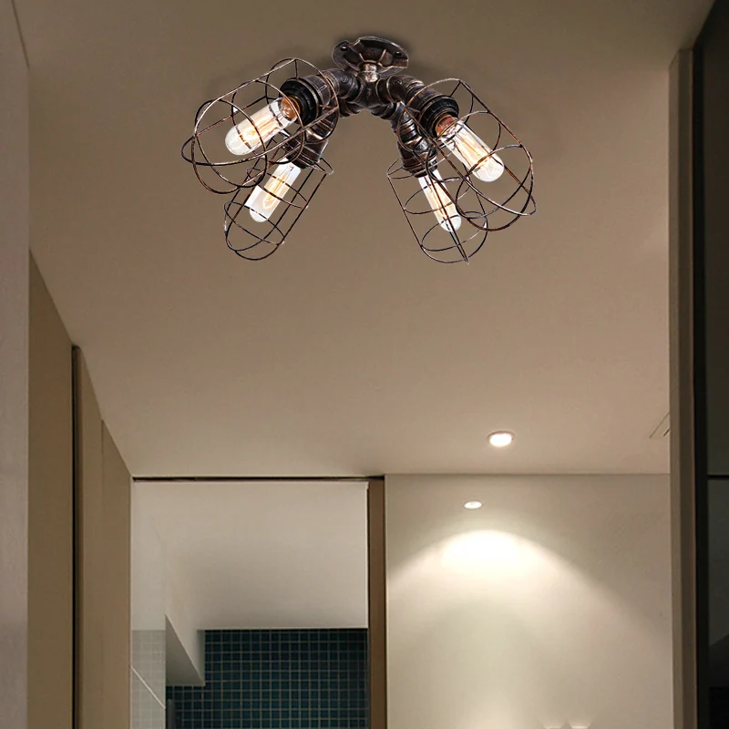 Gekooide slaapkamer halfverzonken plafondarmatuur Rustiek industrieel ijzer 4 lampen Brons/verouderd zilveren plafondlamp...