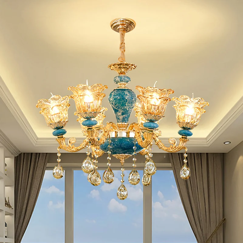 Gelaagde bloem amberkleurige glazen kroonluchter Traditionele 6-lichts slaapkamer plafondophanglamp blauw Clearhalo