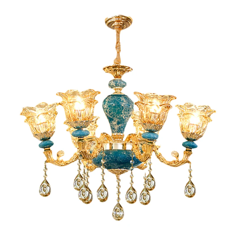 Gelaagde bloem amberkleurige glazen kroonluchter Traditionele 6-lichts slaapkamer plafondophanglamp blauw Clearhalo