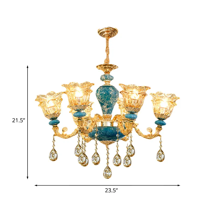 Gelaagde bloem amberkleurige glazen kroonluchter Traditionele 6-lichts slaapkamer plafondophanglamp blauw Clearhalo