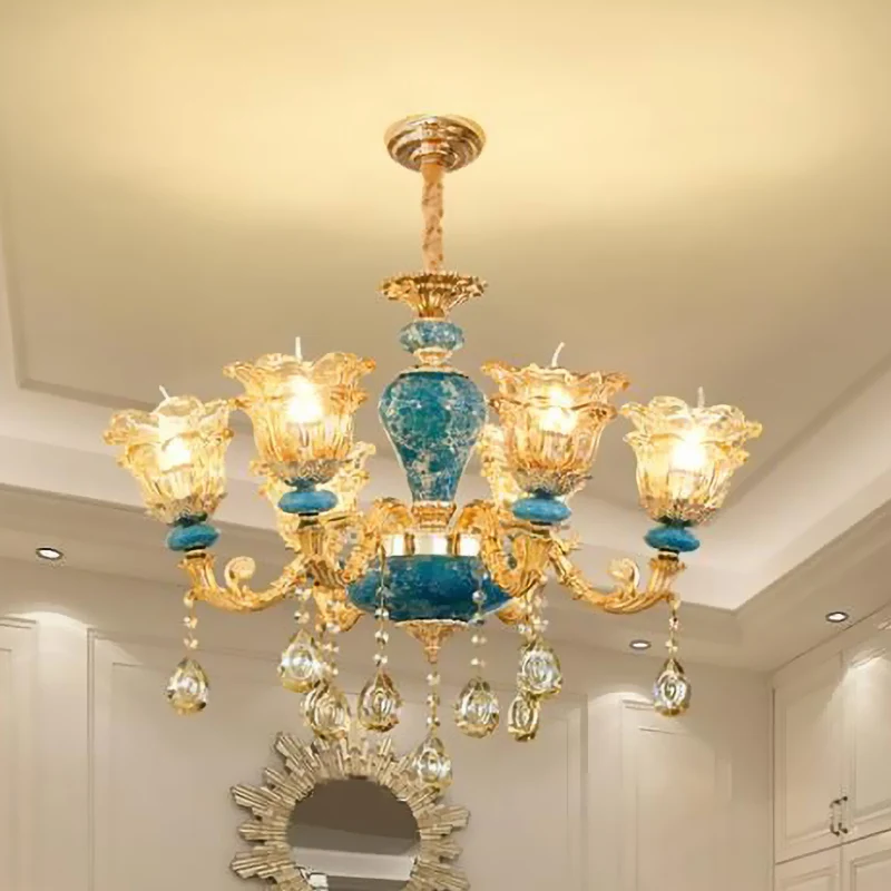 Gelaagde bloem amberkleurige glazen kroonluchter Traditionele 6-lichts slaapkamer plafondophanglamp blauw Clearhalo