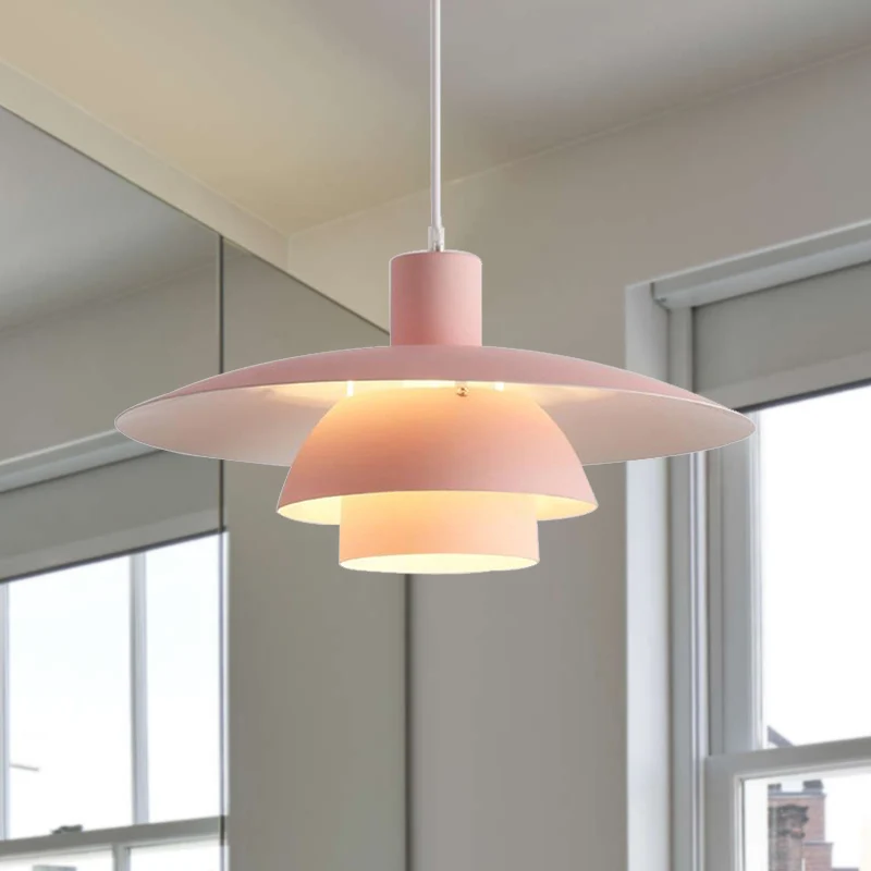 Gelaagde design plafondhanglamp Scandinavisch metaal 1-kops roze/wit hangende verlichting met uitlopende kap voor woonkame...