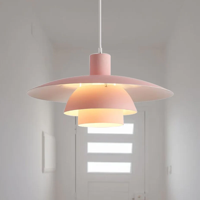 Gelaagde design plafondhanglamp Scandinavisch metaal 1-kops roze/wit hangende verlichting met uitlopende kap voor woonkame...