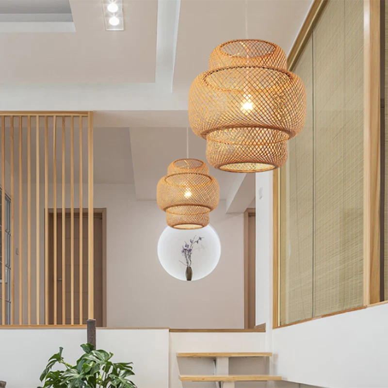 Gelaagde eetkamer hangende hanglamp bamboe 15"/19,5" W Azië-plafondlamp met 1 lichtbron beige Clearhalo