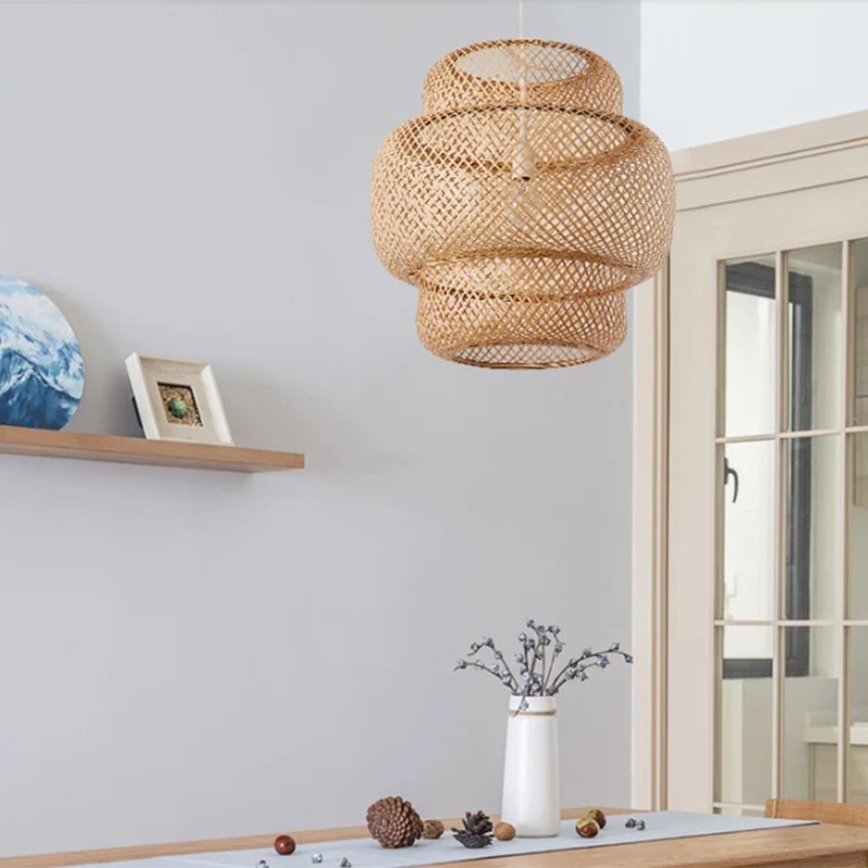 Gelaagde eetkamer hangende hanglamp bamboe 15"/19,5" W Azië-plafondlamp met 1 lichtbron beige Clearhalo